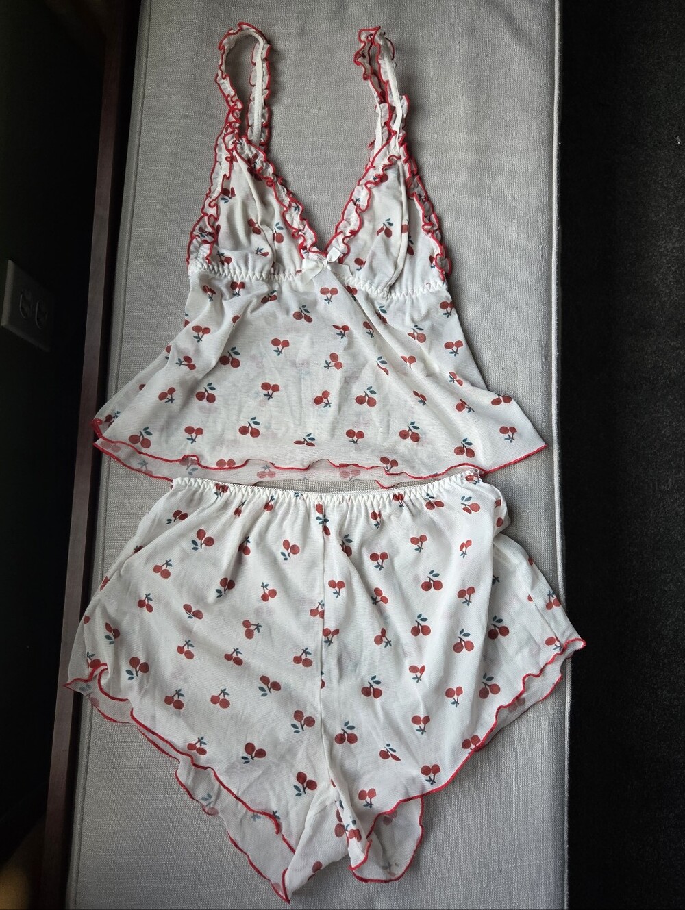 Women’s White Red Cherry-Print Ruffled Pajama Sleep Set